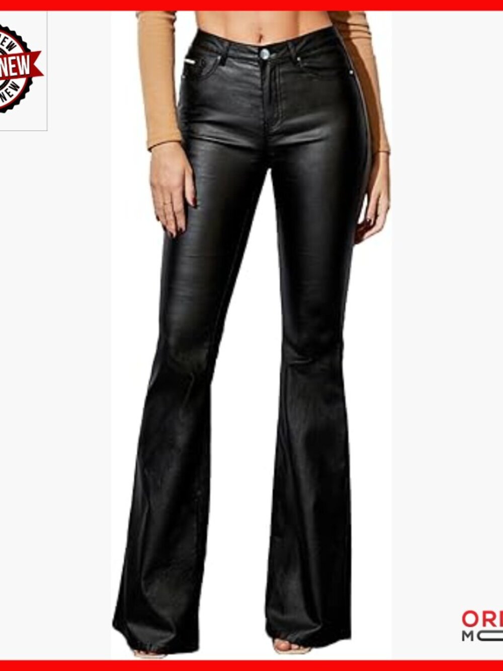 Faux Leather Flare Pants Mid Waist PU Leggings with Pockets